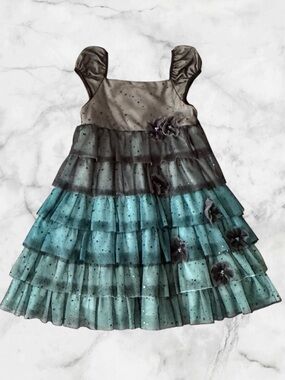 Isobella & Chloe Teal and Charcoal Ruffle Tulle Dress